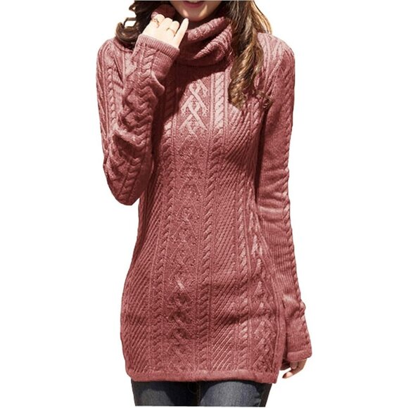 Dresses & Skirts - Women's Polo Neck Long Fitted Dress Bodycon Turtleneck Cable Knit Sweater Rouge